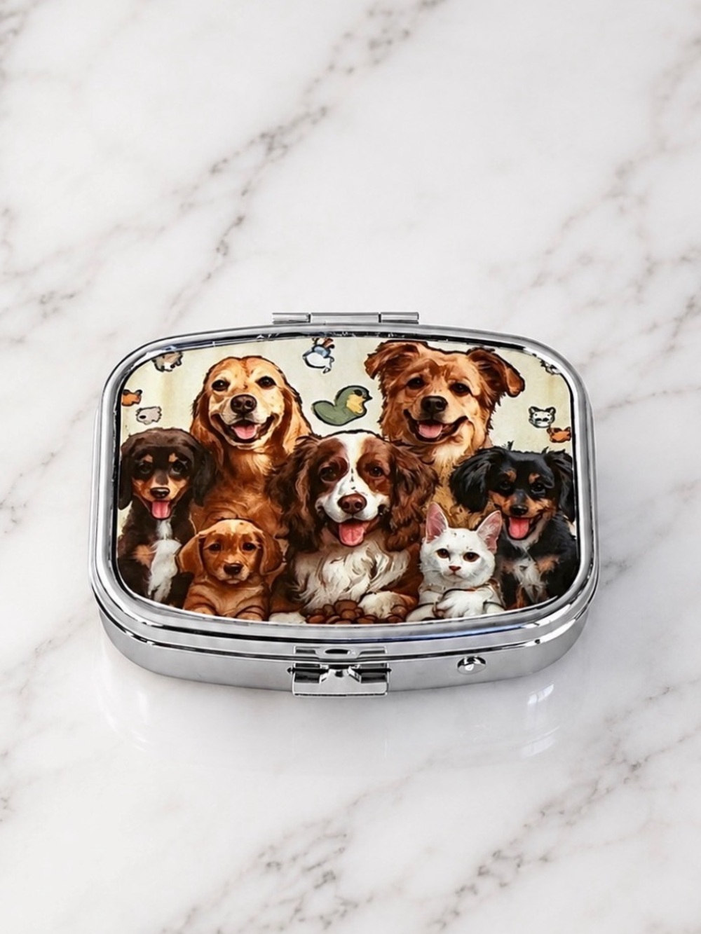 Puppy Theme Design Purse Pill Box/Travel Jewelry-Compact With Lidded Mirror